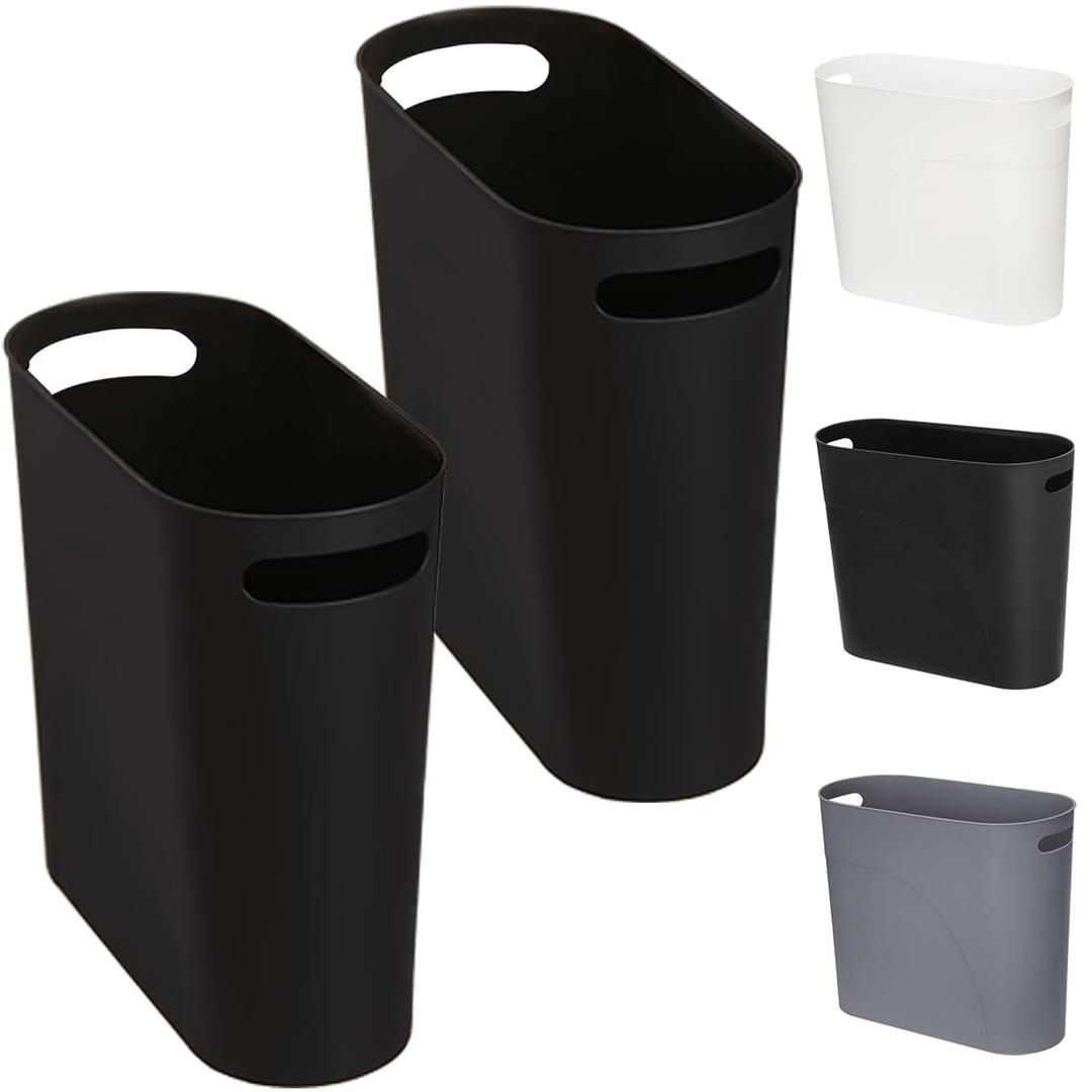 3.2 Gallon Slim Waste Basket, 2 Pack Small Wastebasket Plastic Narrow Trash Can with Handles, 12L Slim Garbage Container Bin for Narrow Space (Black)