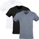 Gildan Men's Cotton Stretch T-shirts, Multipack, White/ Black Soot/ Grey Flannel (V-neck 3-Pack), Large