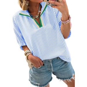 Samefar Womens Short Dolman Sleeve Tops Striped V Neck Summer Casual Loose Fit Blouses Business Tee Shirts Dressy (XL)