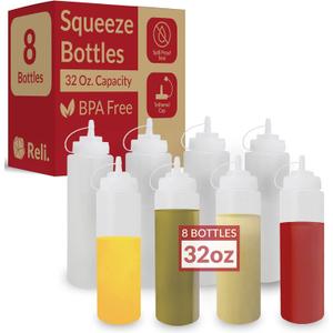 Reli. Plastic Squeeze Bottles, 32 oz. | 8 Pack | Condiment Squeeze Bottles for Sauces | Clear w/Tethered Caps | 32 Ounce Hot Sauce, Ketchup | Condiments, Olive Oil, Liquids