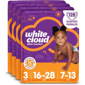 White Cloud Ultra Comfort Diapers, Size 3, 16 28lbs, 4 Packs of 32 = 128 Diapers