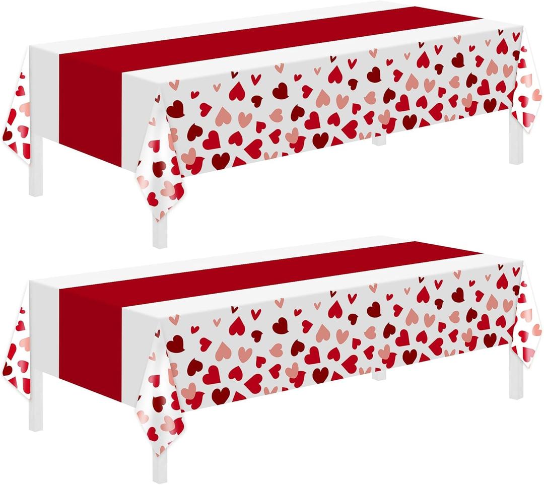 Childom 2 Pcs Valentines Day Tablecloths for Valentines Day Decorations,54" x 108" Disposable Plastic Tablecloths,Rectangle Heart Table Cover for Party Decorations Mothers Day Anniversary Birthday, Red Valentines Heart Stripe