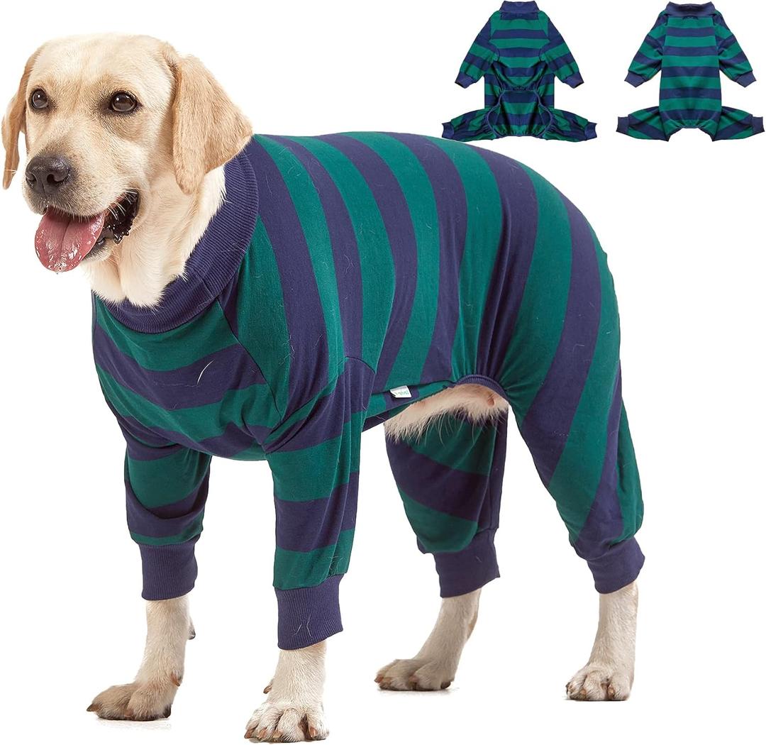 LovinPet Large Dog Pajamas Bodysuit, Lightweight Stretchy Knit Pullover Dog Onesie, Pet Pajamas for Dogs, Green and Black Stripe Print Dog Shirt, UV Protection, Stop Shedding for Dogs, Pet PJ's, 3XL