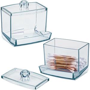 2Pcs Acrylic Cotton Swab Holder with Lid, 7oz Clear Q-Tip Storage Container, Cotton Ball & Bud Organizer Box, Bathroom Makeup Storage Holder for Cosmetics (Blue)
