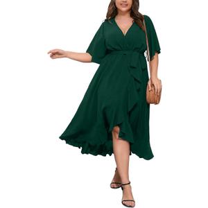 SCOMCHIC Women Plus Size Maxi Dress Short Sleeve Wrap V Neck High Low Split Ruffle Long Dress (Emerald Green) XL