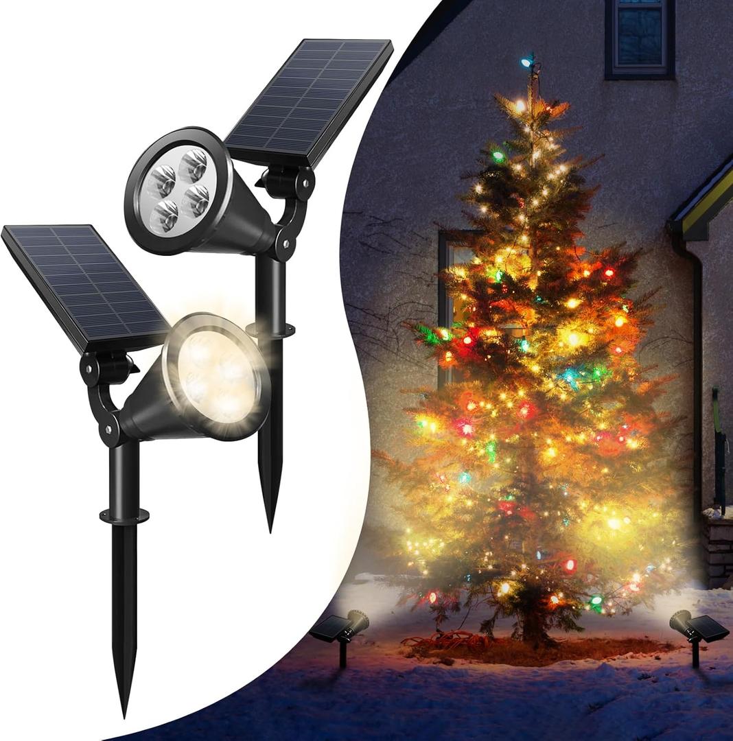 4 LEDs Solar Spot Lights Outdoor, Solar Lights for Outside Waterproof IP65, Auto On/Off Solar Yard Lights, Solar Lights for Tree Garden Christmas Decorations,2 Pack(Warm Light) (4 high-brightness LEDs-Warm Lights)