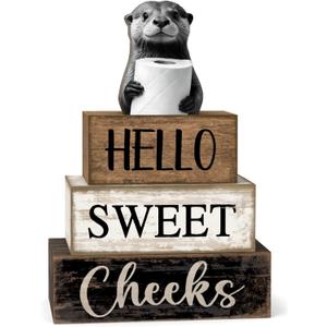 4 Pcs Raccoon Bathroom Decor Set Funny Saying Wooden Tiered Tray Decor Farmhouse Raccoon Centerpiece Rustic Bathroom Shelf Decoration Hello Sweet Cheeks Decoration for Home Office