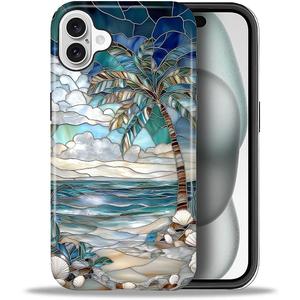 Case for iPhone 16 Plus, Hybrid Heavy Duty 2 in 1,PC Hard Shell & Silicone Inner Bumper, Anti-Scratch Full-Body Cover Shockproof Slim Design Case - Beach Palm Tree