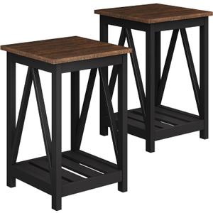 ChooChoo Farmhouse End Table, Rustic Vintage End Side Table with Storage Shelf for Small Spaces, Nightstand Sofa Table for Living Room, Bedroom Black 2 Pack