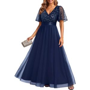Formal Dresses for Women Prom Evening Gown Sequin Tulle V Neck Ruffle Short Sleeve Empire Waist A Line Long Dress (L)