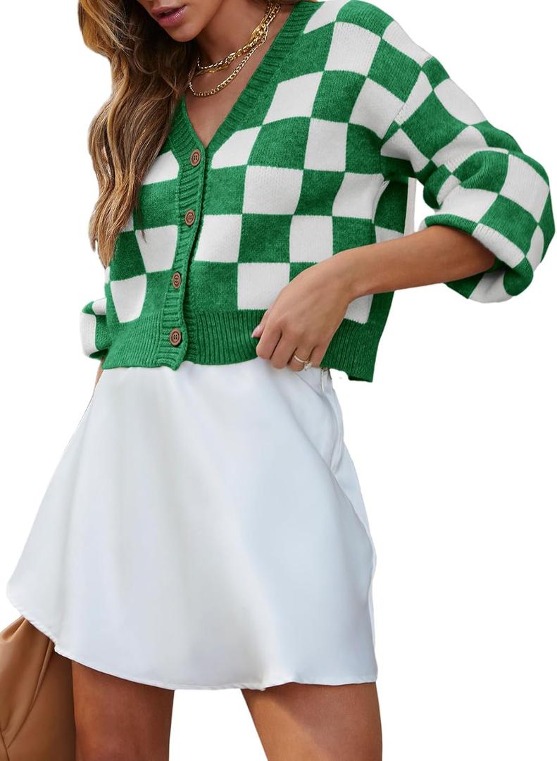 Dokotoo Womens Checkered V Neck Button Down Long Sleeve Cable Knit Cropped Cardigan Sweaters Tops (Large, Green)