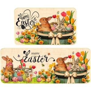 Nialnant Easter Kitchen Rugs Set of 2, Non Slip Kitchen Mats for Floor, Absorbent Rubber Kitchen Rugs, Low-Profile Easter Bunny Floral Kitchen Mat for Front of Sink 17'' x 47'' + 17'' x 30''