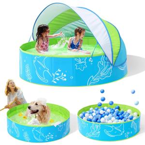Hikiddy Foldable Kiddie Pool with Canopy: 31.5in/ 47in /63in for Baby Toddler Kids Family - Summer Water Play Pool with Shade - Portable for Outdoor Backyard Beach (Blue-Green, 47in)