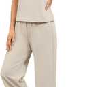 SAMPEEL Two Piece Sets for Women Casual Travel Vacation Outfits Summer Wide Leg Crop Pants Lounge Sets (Beige, L)