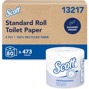 Scott Professional 100% Recycled Fiber Standard Roll Bulk Toilet Paper (13217), 2-Ply, Elevated Design, White, Individually Wrapped (80 Rolls of 473 Sheets, 37,840 Sheet Total)
