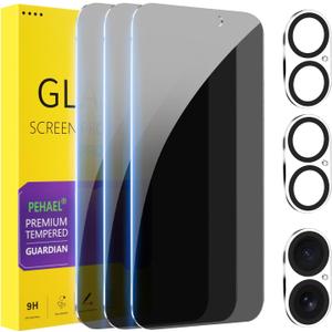 PEHAEL 3+3Pack for iPhone 16 Privacy Screen Protector with Camera Lens Protector Full Coverage Anti-Spy Tempered Glass Film 9H Hardness Easy Installation Bubble Free [6.1 inch]