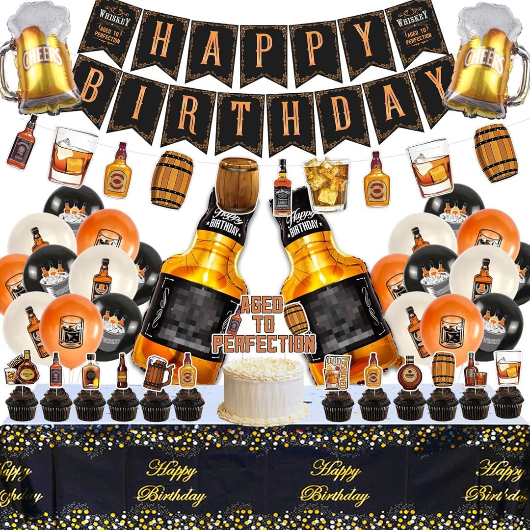 Whiskey Birthday Party Decorations for Men Aged to Perfection Party Supplies Include Birthday Banner Whiskey Garland Tablecloth Cake Toppers Foil Balloons for Whiskey Party Decorations for Dad Daddy