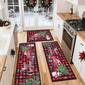 Ileading Christmas Kitchen Rugs Sets of 3, Washable Christmas Rugs for Kitchen, Non Slip Christmas Kitchen Rugs and Mats, Farmhouse Kitchen Floor Carpet Set for Winter Xmas Holiday Decoration
