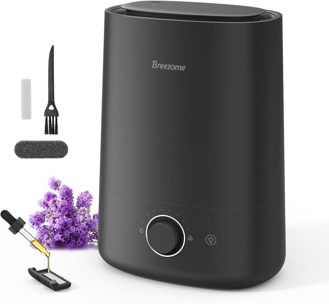 BREEZOME 5L Humidifiers for Bedroom, Ultrasonic Cool Mist Top Fill Humidifier & Essential Oil Diffuser, 360Nozzle, Auto Shut-off, 50H Runtime, Quiet Humidifiers for Large Room, Baby Nursery, Plants
