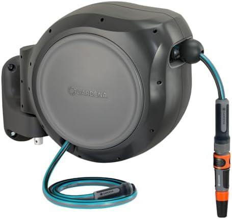 GARDENA 20505, 100' Retractable Garden Hose Reel with US Hose Threads - 100' x 1/2" hose, Automatic Retraction & Length Lock for Easy Watering. Heavy Duty Swivel Bracket 180°, Includes Nozzle.