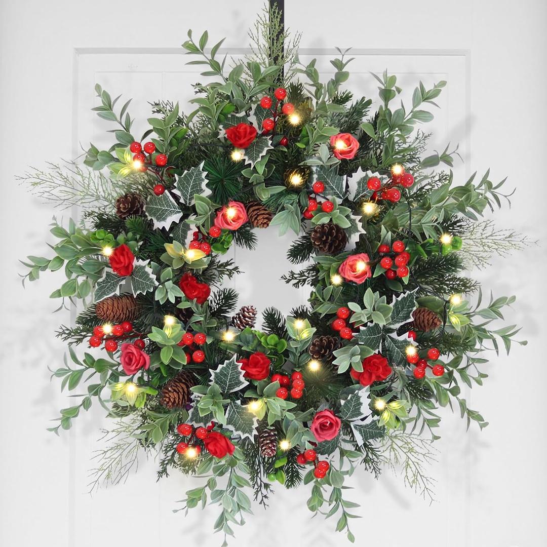28Inch Christmas Wreath for Front Door, Artificial Real Touch Xmas Wreath with Warm Lights Faux Greenery Pinecone Berries for Outdoor Indoor Wall Table Home Holiday Christmas Front Door Decorations