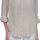 DKNY Women's Splitback Long Sleeve Button Down with Cuffed Sleeve Shirt M