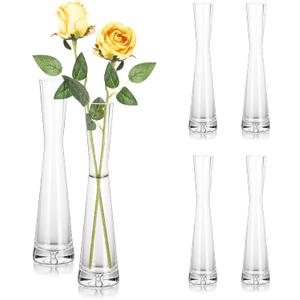 Hewory Glass Bud Vases for Centerpieces Set of 6, Handmade Modern Clear Small Skinny Decorative Single Flower Vase, Minimalist Slim Floral Vase for Home Wedding Party Events Table Decor, 9.64"