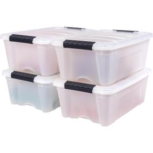 IRIS USA 13 Qt Stackable Plastic Storage Bins with Lids, 4 Pack - BPA-Free, Made in USA - Discreet Organizing Solution, Latches, Durable Nestable Containers, Secure Pull Handle - Pearl