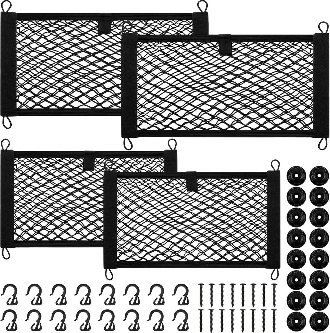 Tuanse 4 Pcs Stretchable Small Cargo Net Pocket Storage Mesh Elastic Automotive Cargo Nets with 16 Mounting Screws and Built in Hooks for Truck Car SUV Boats, 2 Sizes