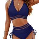 Blooming Jelly Women High Waisted Bikini Sets Tummy Control Swimsuits Color Block Two Piece Drawstring Bathing Suit (Medium, Navy Blue Mesh)