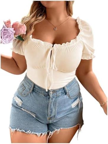 SOLY HUX Women's Plus Size T Shirts Frill Tie Front Sweetheart Neck Tee Puff Short Sleeve Summer Tops Size L No Tag