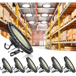 UFO LED High Bay Light 200W, 6 Pack, 32,000LM, IK10, Dimmable, Flicker-Free, Dia. 11.02"-200W