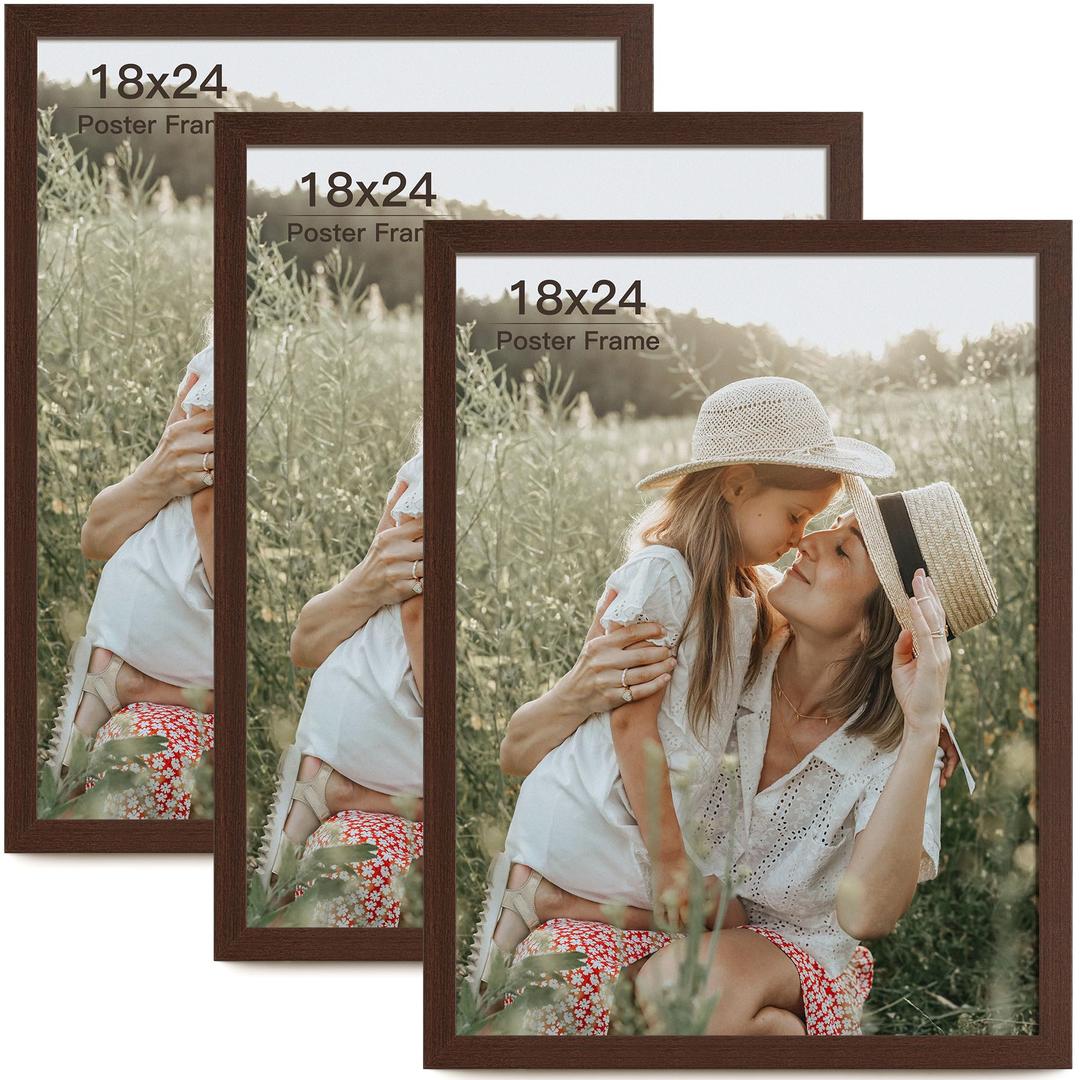 Momentworth 18x24 Frame Set of 3, Dark Brown Wood Grain 18x24 Poster Frame for Gallery Wall Mounting (3 Pack,Walnut)