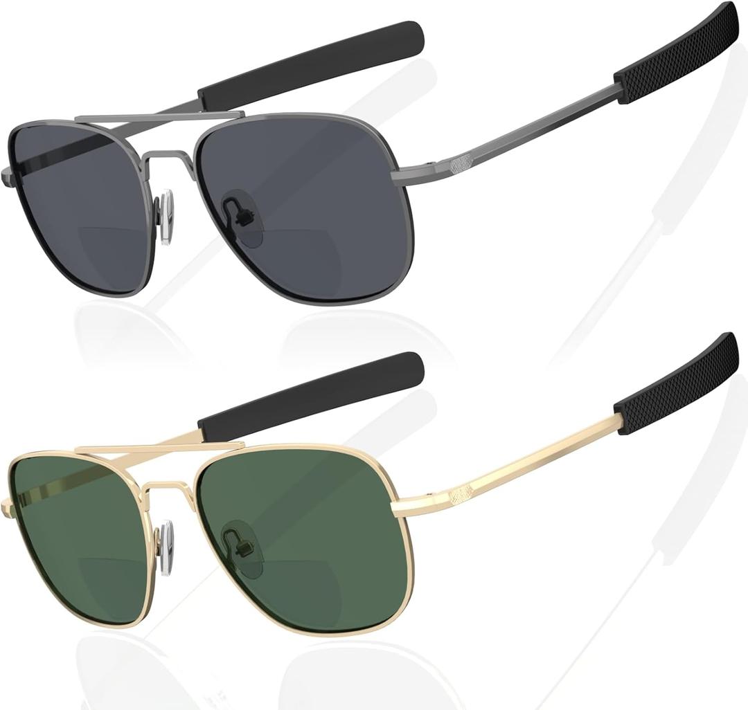 LianSan 2 Packs Premium Aviator Bifocal Reading Sunglasses for Men Women - Retro Sun Readers UV Protection Outdoor Cheaters(Gold&Gunmetal,1.50x)