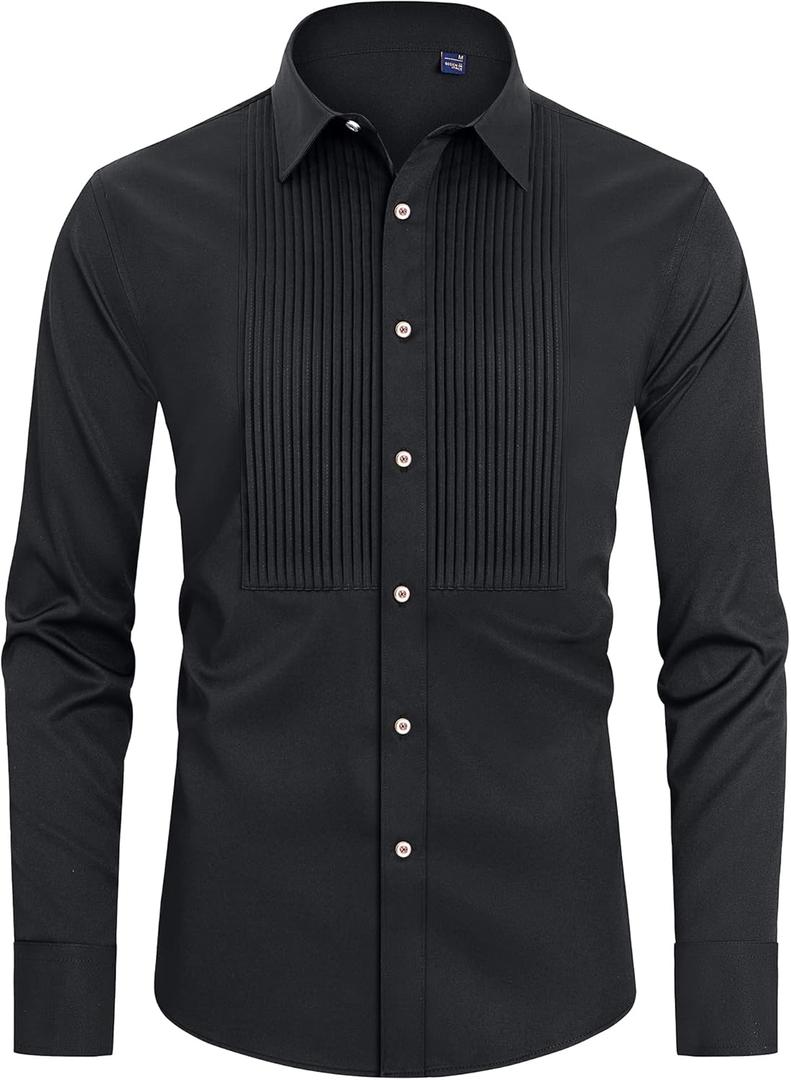 J.VER Men's Tuxedo Shirt Formal Dress Shirt Pleated Long Sleeve Button Down Shirts for Prom Party Wedding (Black, XXXL)