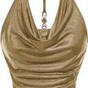 Milumia Women Metallic Halter Y2k Crop Tops Ruched Backless Cowl Neck Party Club Rave Sleeveless Shirts (X-Large, Yellow)