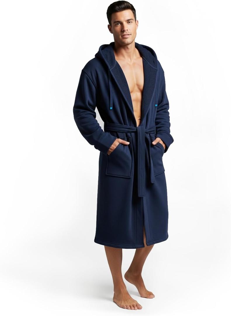 DudeRobe Men's Robe Hooded TERRY Bath Robe for Men with Pockets | Soft, Comfy Mens Bathrobe from Shark Tank, L/XL Navy Blue