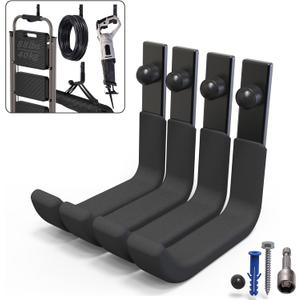 4 Pack Garage Storage Hooks, Ladder Hangers, Steel Wall Mount Hooks, Utility Hooks for Hanging Heavy Duty Shed Tools, Ropes, Garden Hoses, Shovel, Bulk Items, etc.88lbs, 4Inch (Black)