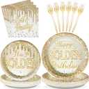 96Pcs Happy Golden Birthday Party Supplies 350GSM Gold Silver Diamond Paper Plates and Napkins Tableware Sets Golden Birthday Party Decorations for Women Men Anniversary Wedding Party Favors Serve 24