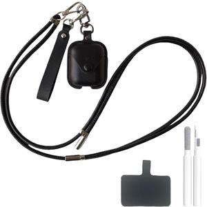 Leather Case for AirPods 1st/2nd Generation - Cute Travel-Friendly Protective Cover with Adjustable Neck Strap, Snap Lock & Shockproof Design for Women Men (Black)