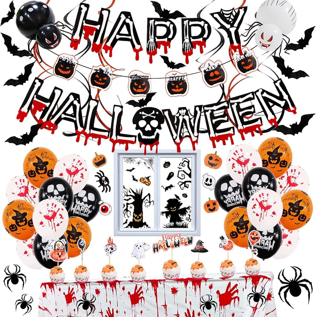 82 Pack Halloween Party Decorations Set - Halloween Banner, Hanging Swirl, Halloween Balloons, Bloody Tablecover, Window Clings with 3D Bat Wall Decal Perfect for Outdoor Indoor Halloween Decorations