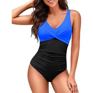 HEYTALALA Women's One Piece Swimsuits Tummy Control Push Up Bathing Suits Wrap V Neck Cutout Tie Back Slimming Swimwear (Blue Black)