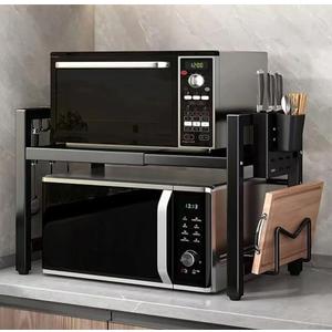 Extendable Microwave Oven Rack, 15.7~24.8" L Expandable Microwave Stand with Storage Shelf Heavy Duty with 6 Hooks and Chopsticks Cutting Board Holder for Kitchen Countertop