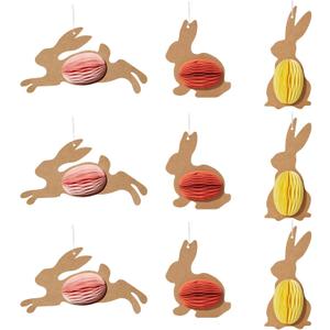 WDS WONDROUS 9-Piece Easter Bunny Hanging Ornaments Set, Rabbit with 3D Magnetic Honeycomb Paper Egg Ball, Interactive Paper Silhouette & Pastel Eggs for Tree Decor, Spring Easter Party Supplies Gift