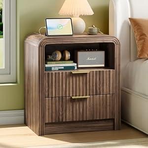 Decofy Fluted Nightstand with Charging Station, 19.7'' Wide Morden End Table with USB/ Type-C Ports, 2 Drawers & Open Shelf, Curved Profile Design, Wood Bedside Table for Bedroom (Walnut)