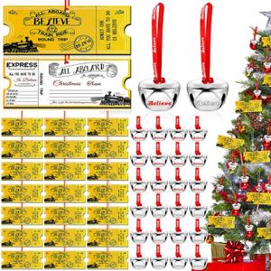 24 Pcs Christmas Polar Express Golden Tickets and Believe Bells Ornaments Bulk, North Pole Train Tickets Polar Express Bell Christmas Decorations Believe Hanging Holiday Party Gifts Favors