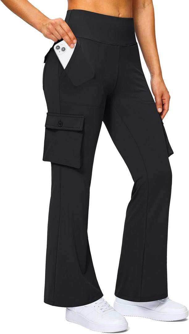 G Gradual Women's 6 Pockets High Waist Yoga Pants Stretch Cargo Flare Leggings for Fitness, Travel, Casual Wear (Black, XL)