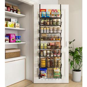 Over The Door Pantry Organizer, Wall Mount Spice Rack, Pantry Hanging Storage and Organization, 8 Adjustable Baskets Heavy-Duty Metal for Home & Kitchen, Back of Door Seasoning Rack - Black