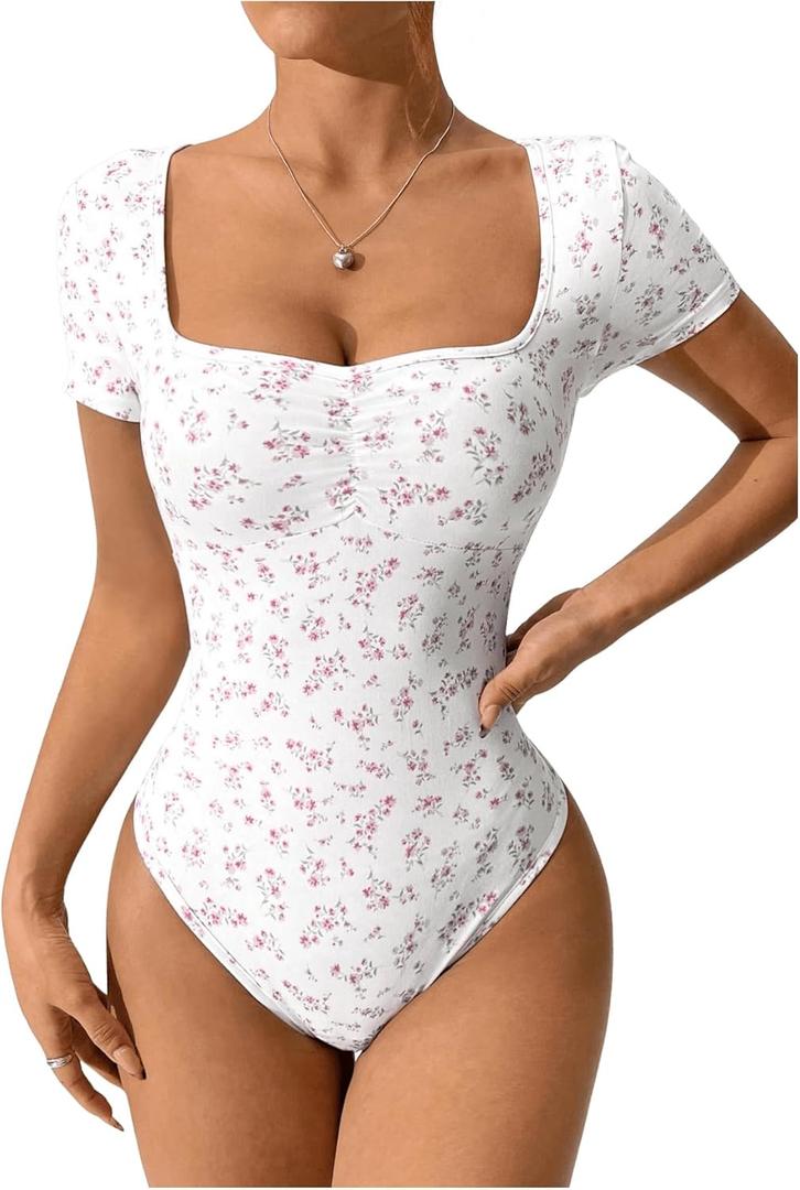 SOLY HUX Bodysuits for Women Floral Print Sweetheart Neck Short Sleeve Ruched Bodysuit T Shirt Tops (Large)