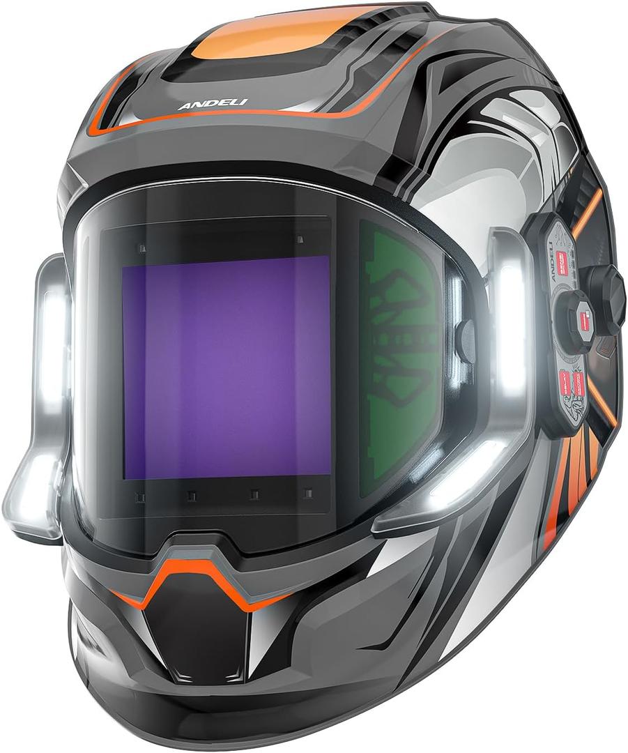 ANDELI Welding Helmet - Panoramic 180° View 3.94"X3.74",True Color Auto Darkening Welding Helmet with Light, 6 Arc Sensor, 4/5-8/9-13 Type-C Charging MONERGR-LED, Gray